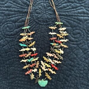 Vintage Heishi 3 strand Multi-Color Stone/shell Bird Cluster Necklace
